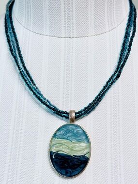 Vintage Signed KC Kenneth Cole Blue Enamel Pendant Triple Strand Beaded Necklace